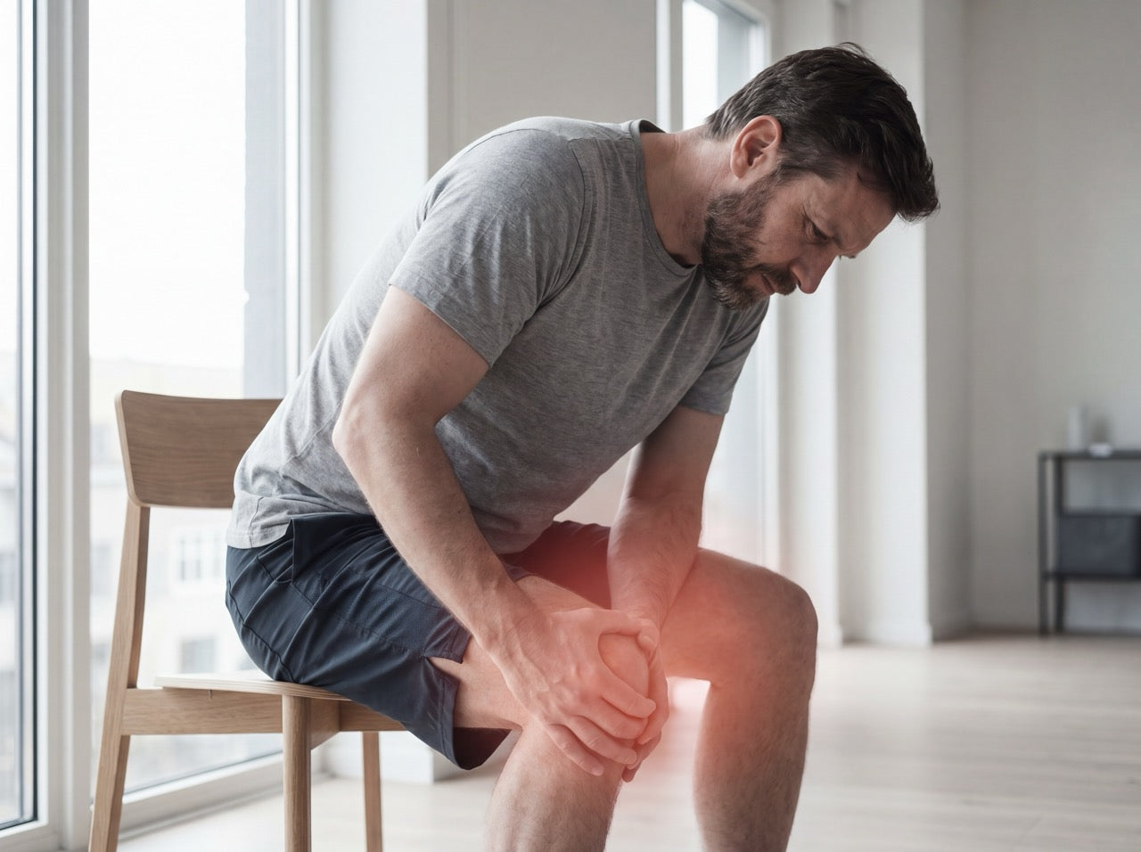Persona bajando escaleras con duda — escena reconocible de inestabilidad de rodilla